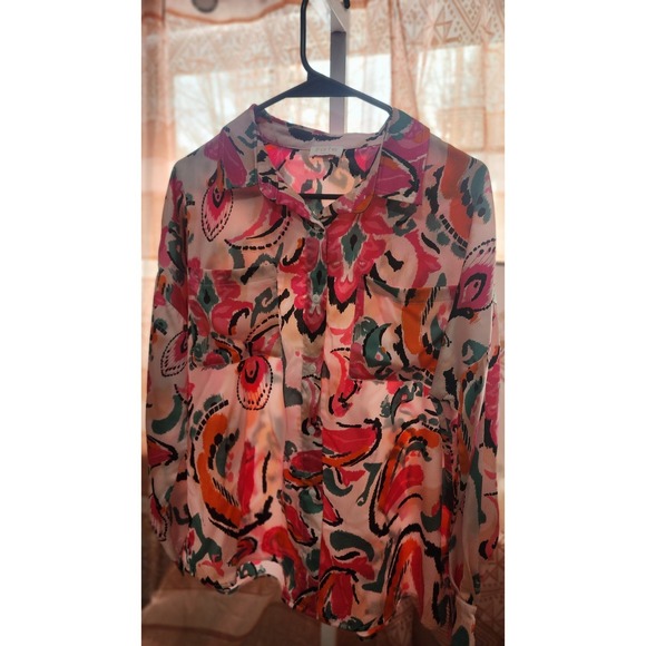 Fate Tops - Fate Women's Multicolor Floral Button Collared Long Sleeve Blouse Small